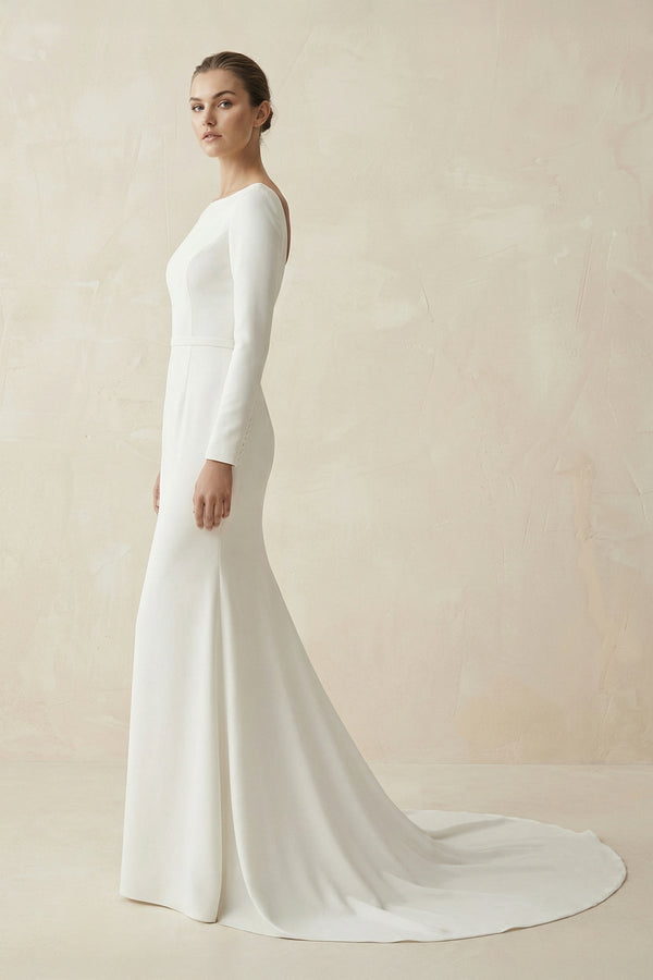 Bateau Neck Mermaid Long Sleeve Wedding Dress in White - KISS BRIDAL Wedding Dresses
