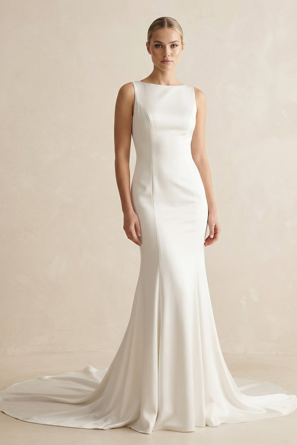 Bateau Neck Mermaid Satin Wedding Dress With Bow in White