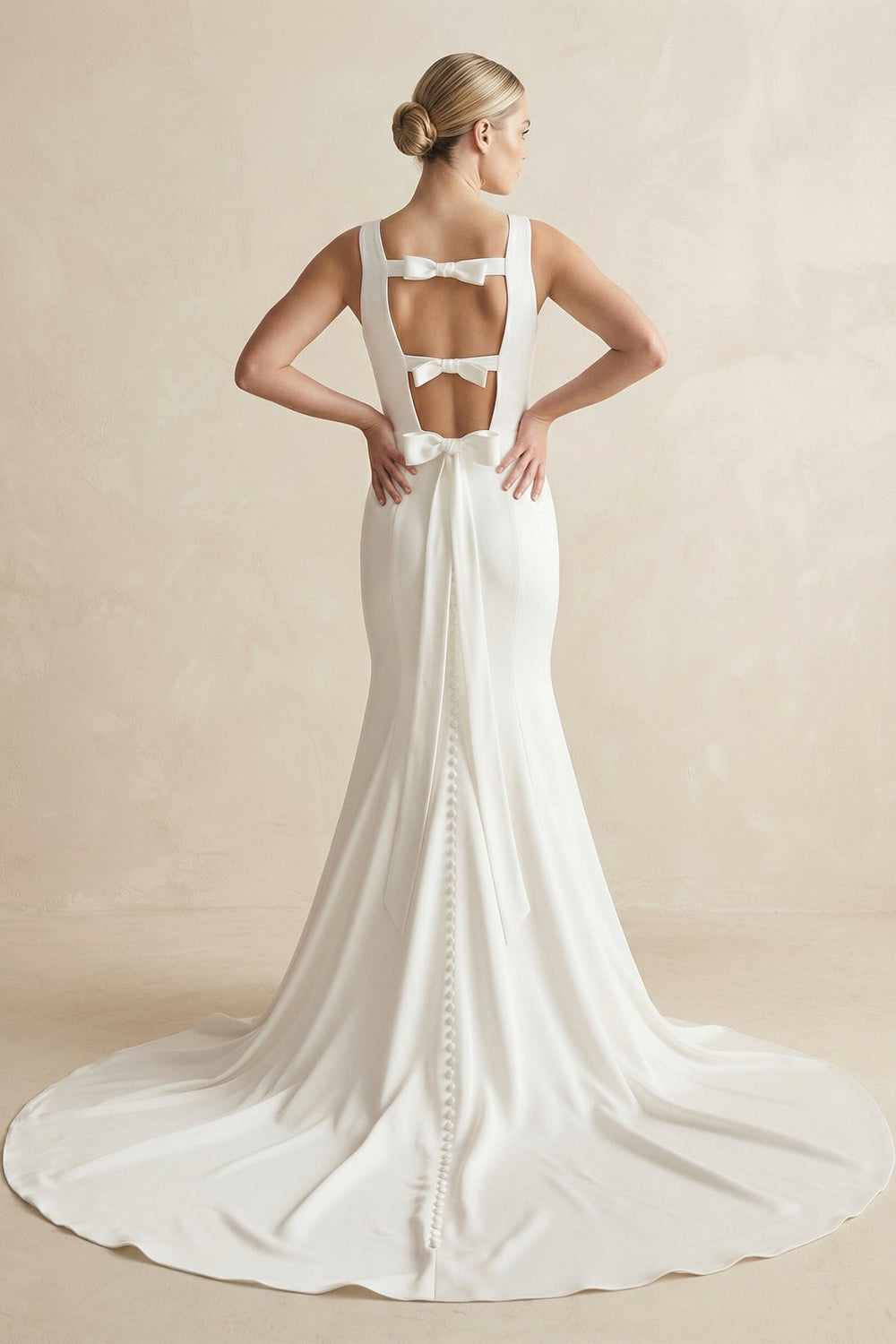 Bateau Neck Mermaid Satin Wedding Dress With Bow in White
