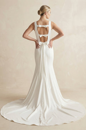 Bateau Neck Mermaid Satin Wedding Dress With Bow in White - KISS BRIDAL Wedding Dresses