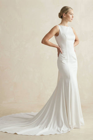 Bateau Neck Mermaid Satin Wedding Dress With Bow in White - KISS BRIDAL Wedding Dresses