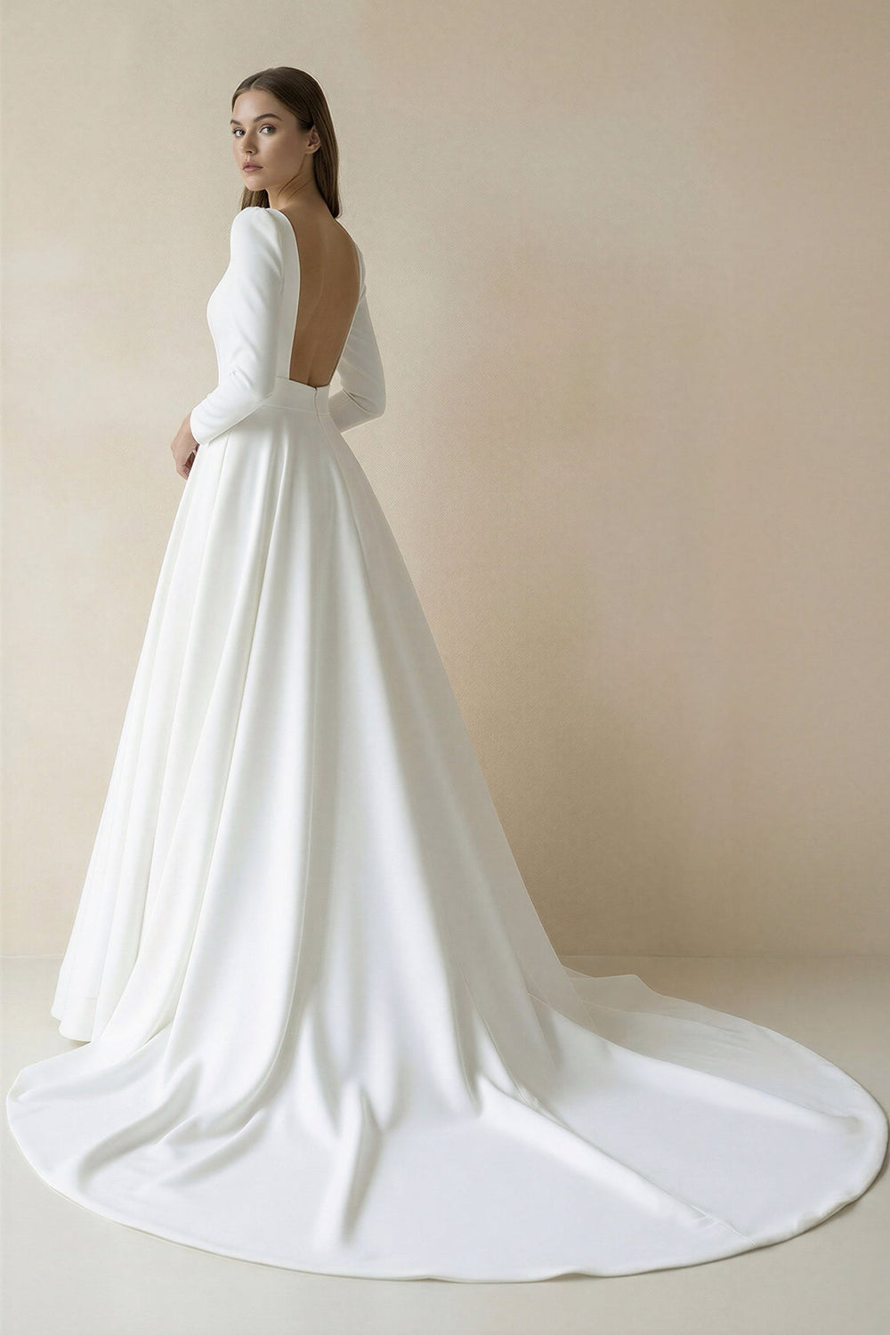 Bateau Neck Satin A-Line Long Sleeves Wedding Dress in White