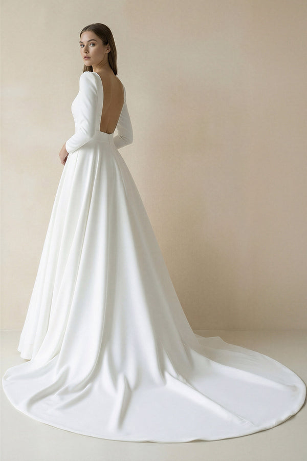 Bateau Neck Satin A - Line Long Sleeves Wedding Dress in White - KISS BRIDAL Wedding Dresses