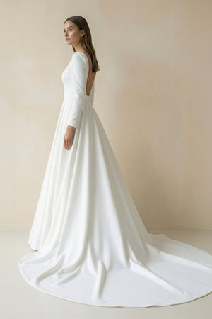 Bateau Neck Satin A - Line Long Sleeves Wedding Dress in White - KISS BRIDAL Wedding Dresses