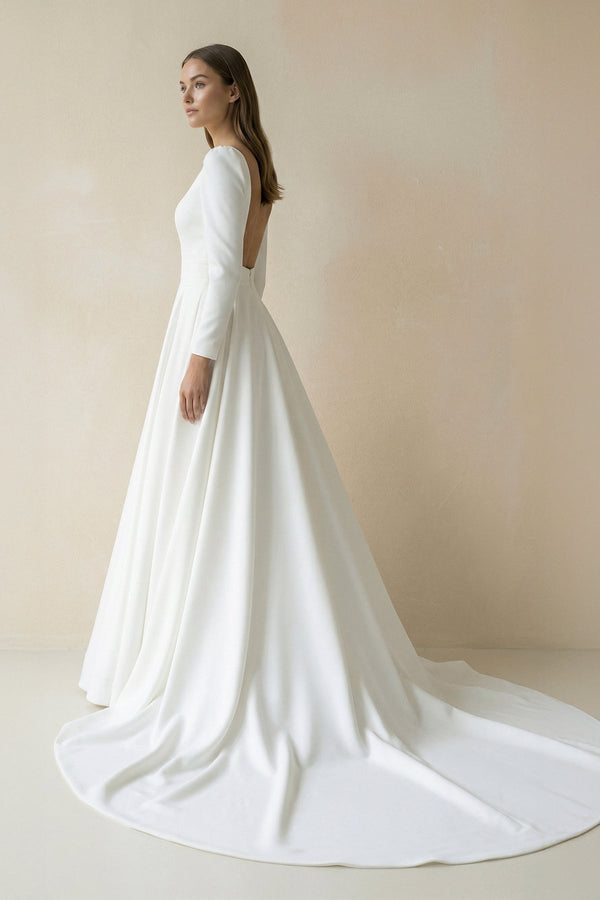 Bateau Neck Satin A - Line Long Sleeves Wedding Dress in White - KISS BRIDAL Wedding Dresses