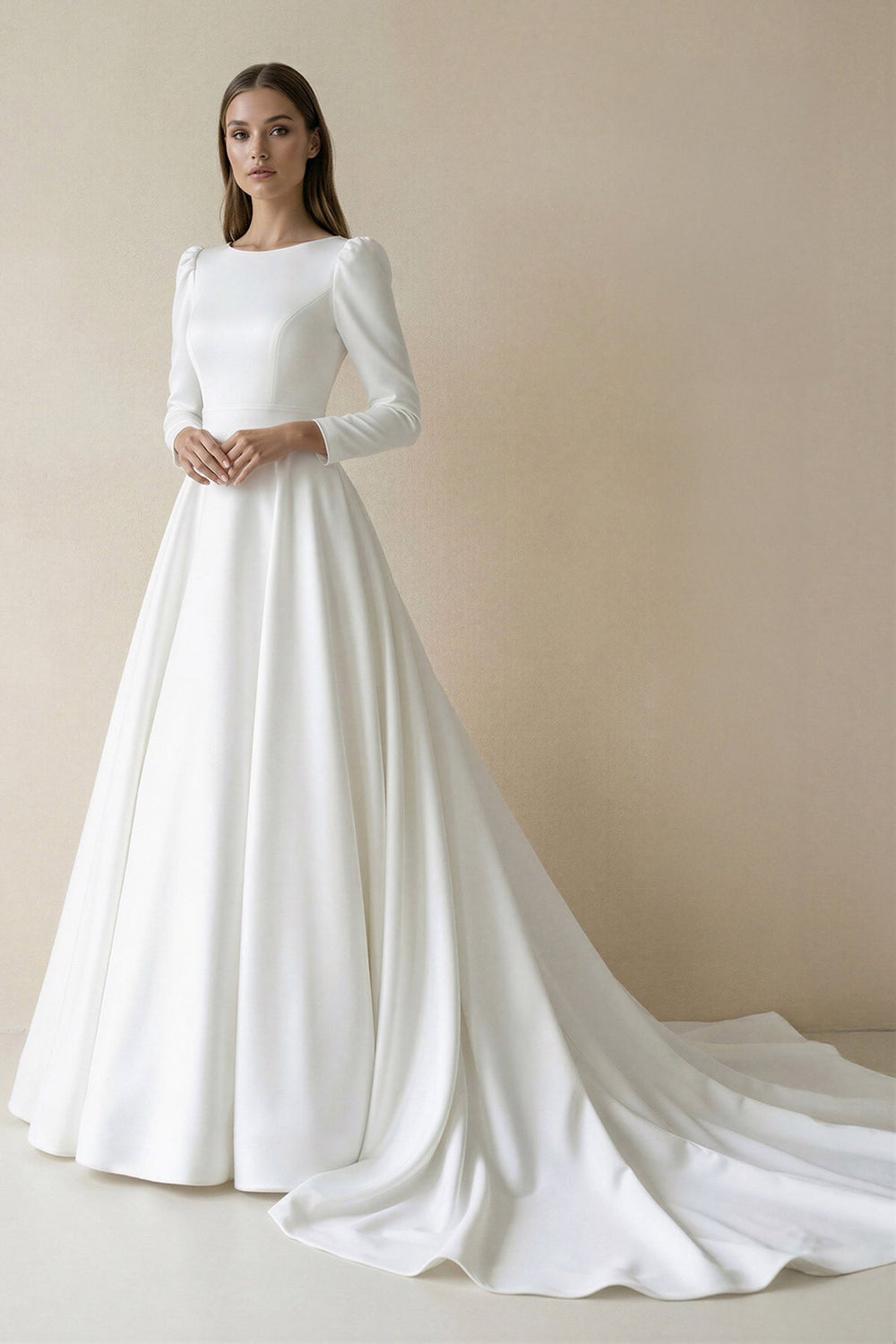Bateau Neck Satin A-Line Long Sleeves Wedding Dress in White