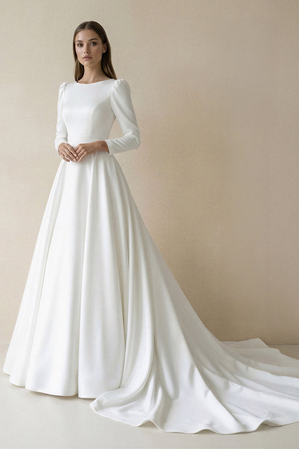 Bateau Neck Satin A - Line Long Sleeves Wedding Dress in White - KISS BRIDAL Wedding Dresses