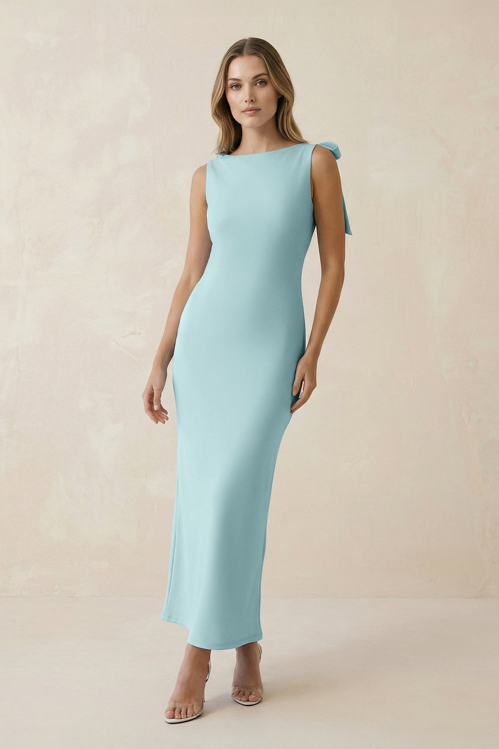 Bateau Neck Sheath Satin Midi Bridesmaid Dress With Bow in Bleached Aqua