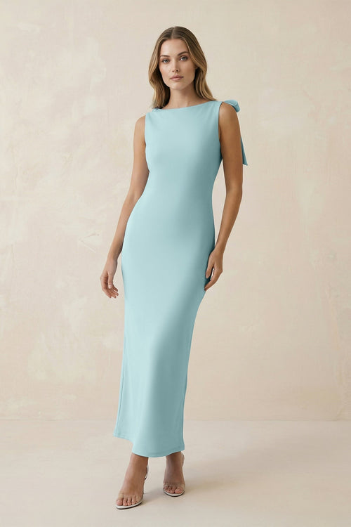 Bateau Neck Sheath Midi Bridesmaid Dress With Bow in Bleached Aqua - KISS BRIDAL Bridesmaid Dresses