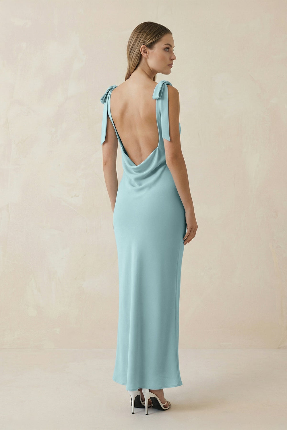 Bateau Neck Sheath Satin Midi Bridesmaid Dress With Bow in Bleached Aqua