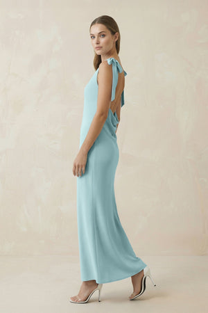 Bateau Neck Sheath Midi Bridesmaid Dress With Bow in Bleached Aqua - KISS BRIDAL Bridesmaid Dresses