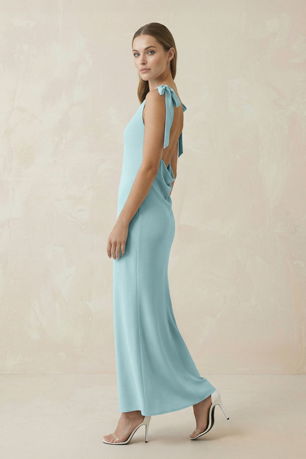 Bateau Neck Sheath Midi Bridesmaid Dress With Bow in Bleached Aqua - KISS BRIDAL Bridesmaid Dresses