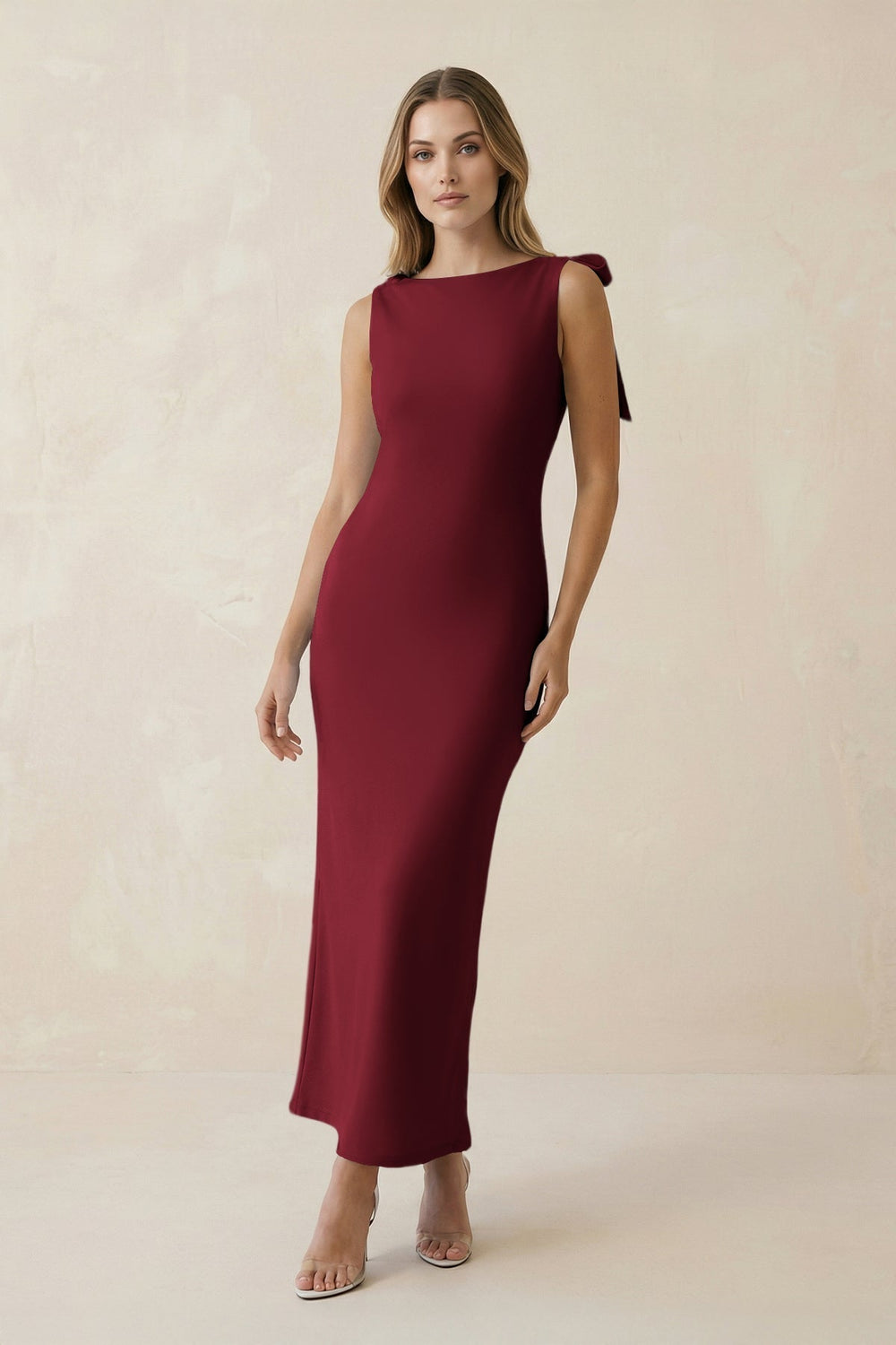 Bateau Neck Sheath Satin Midi Bridesmaid Dress With Bow in Burgundy
