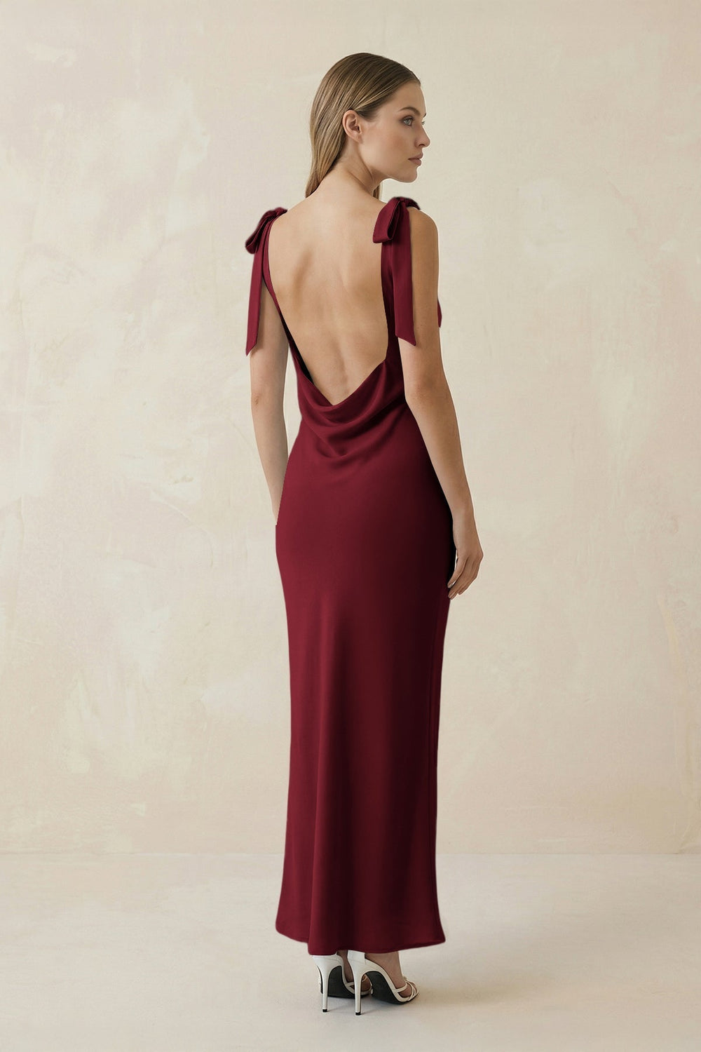 Bateau Neck Sheath Satin Midi Bridesmaid Dress With Bow in Burgundy