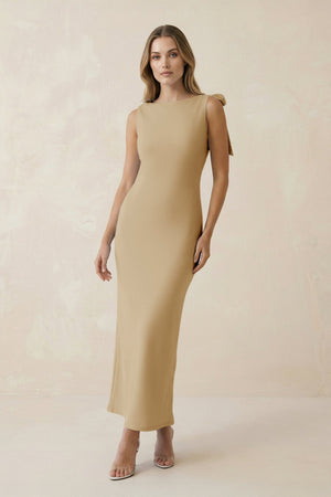 Bateau Neck Sheath Satin Midi Bridesmaid Dress With Bow in Champagne - KISS BRIDAL Bridesmaid Dresses