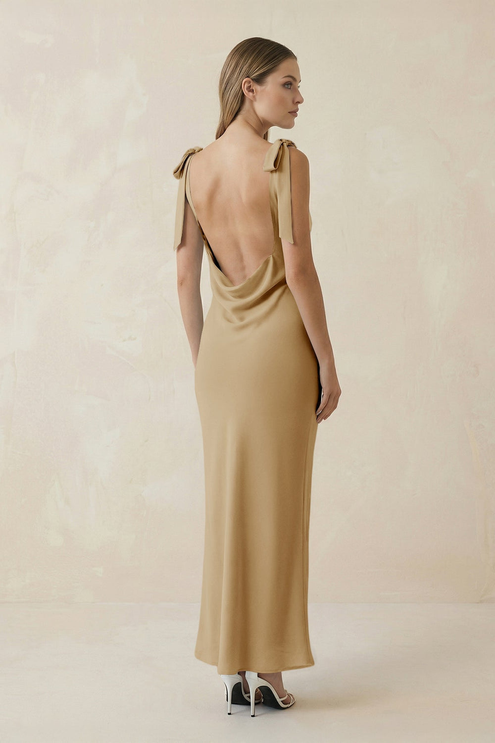 Bateau Neck Sheath Satin Midi Bridesmaid Dress With Bow in Champagne