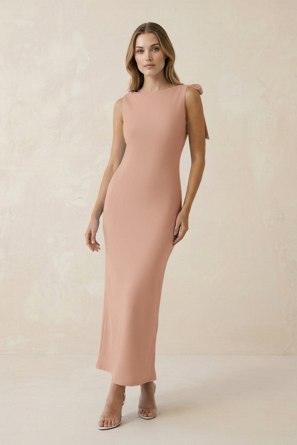 Bateau Neck Sheath Satin Midi Bridesmaid Dress With Bow in Champagne Rose