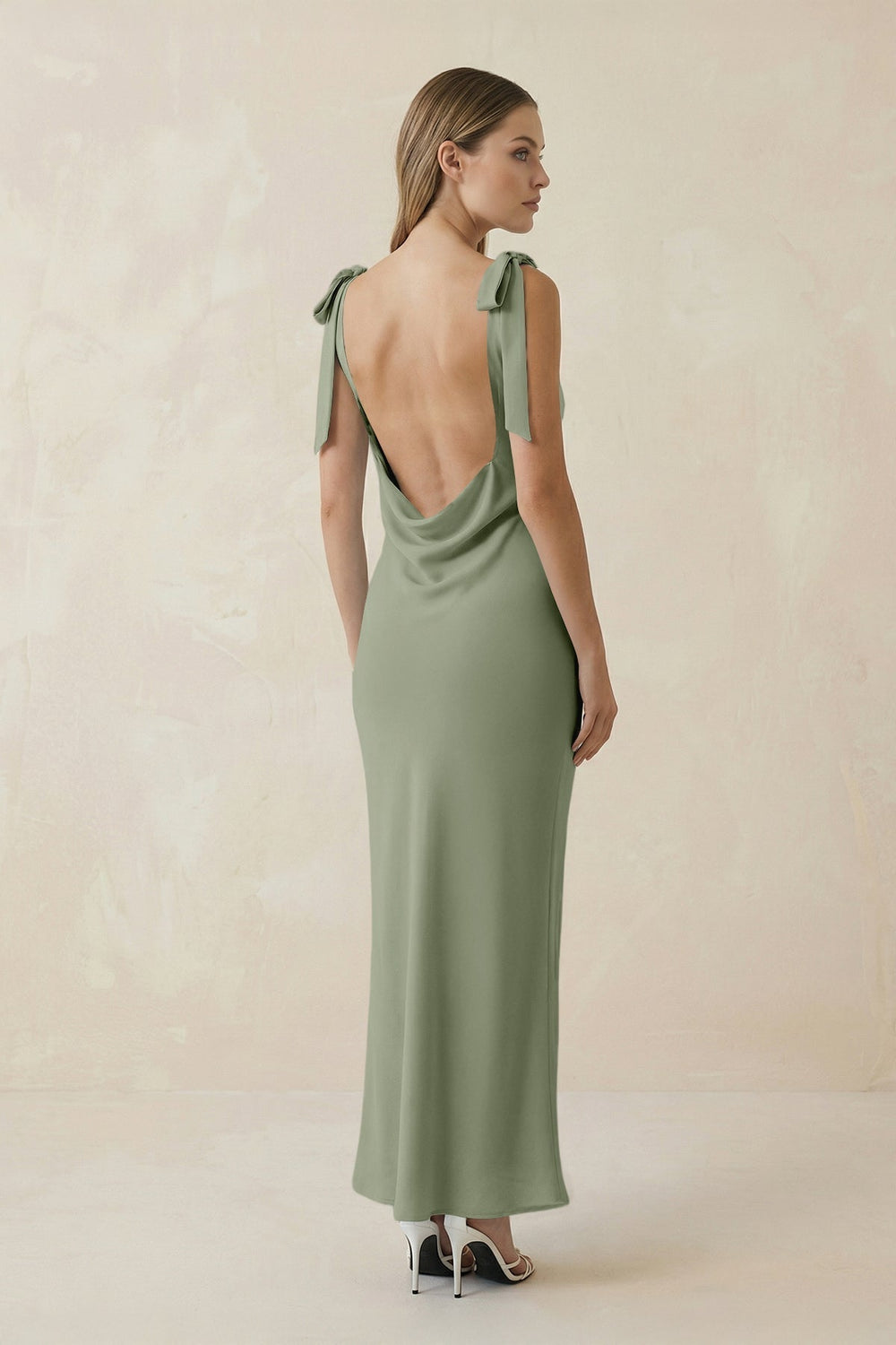 Bateau Neck Sheath Satin Midi Bridesmaid Dress With Bow in Dove Gray