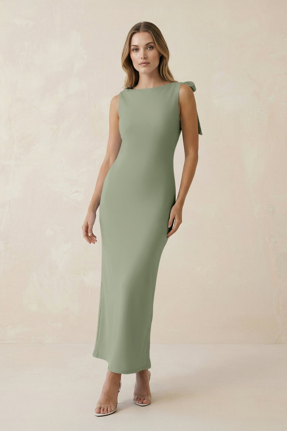Bateau Neck Sheath Satin Midi Bridesmaid Dress With Bow in Dove Gray
