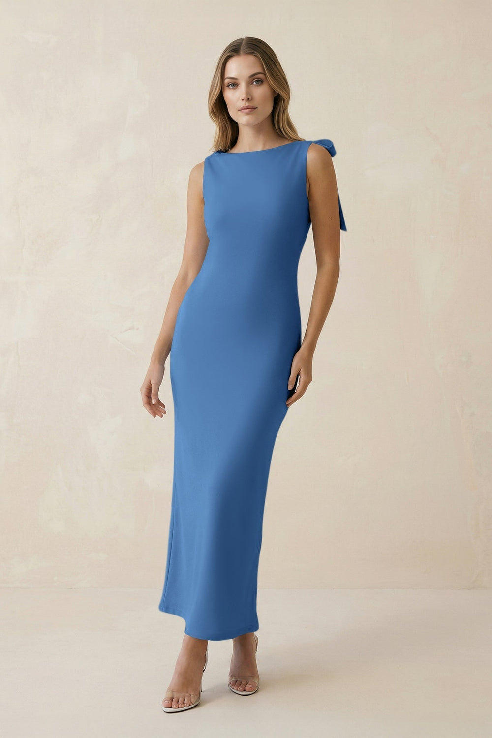 Bateau Neck Sheath Satin Midi Bridesmaid Dress With Bow in Dusty Blue