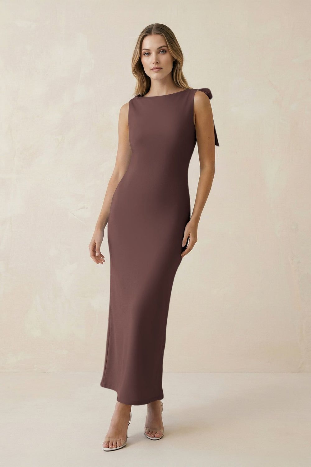 Bateau Neck Sheath Satin Midi Bridesmaid Dress With Bow in Espresso