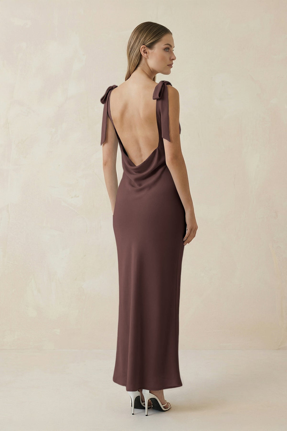 Bateau Neck Sheath Satin Midi Bridesmaid Dress With Bow in Espresso