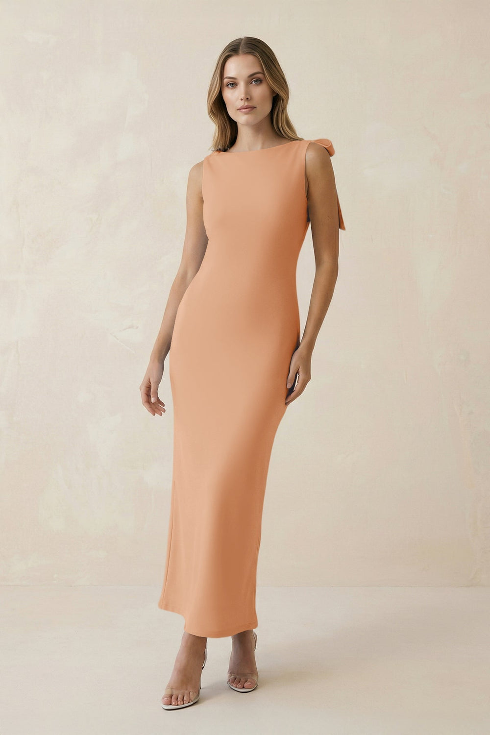 Bateau Neck Sheath Satin Midi Bridesmaid Dress With Bow in Golden Champagne