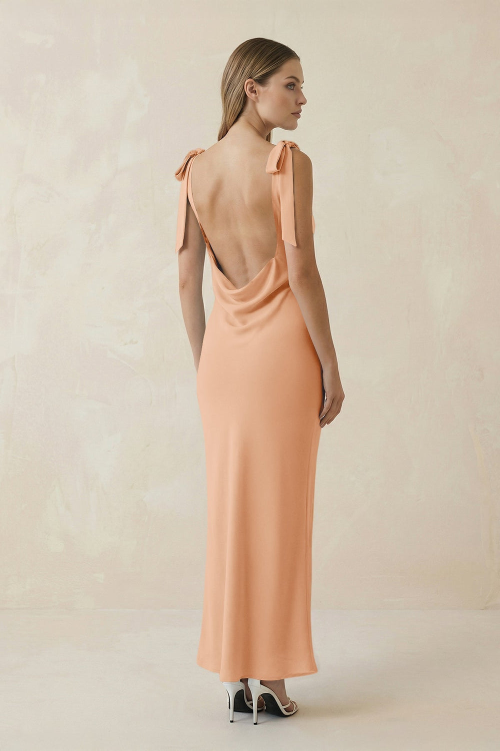 Bateau Neck Sheath Satin Midi Bridesmaid Dress With Bow in Golden Champagne