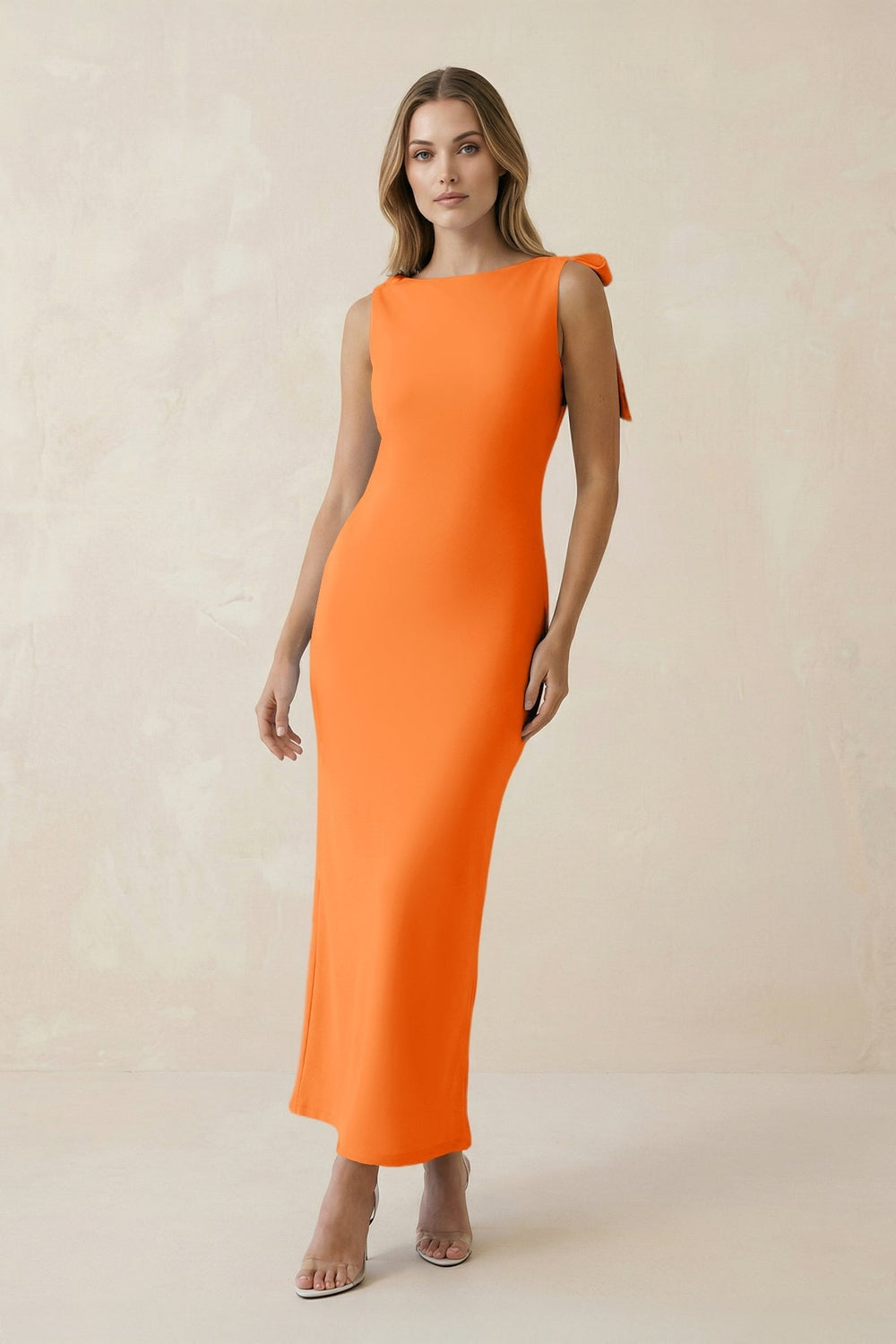 Bateau Neck Sheath Satin Midi Bridesmaid Dress With Bow in Orange