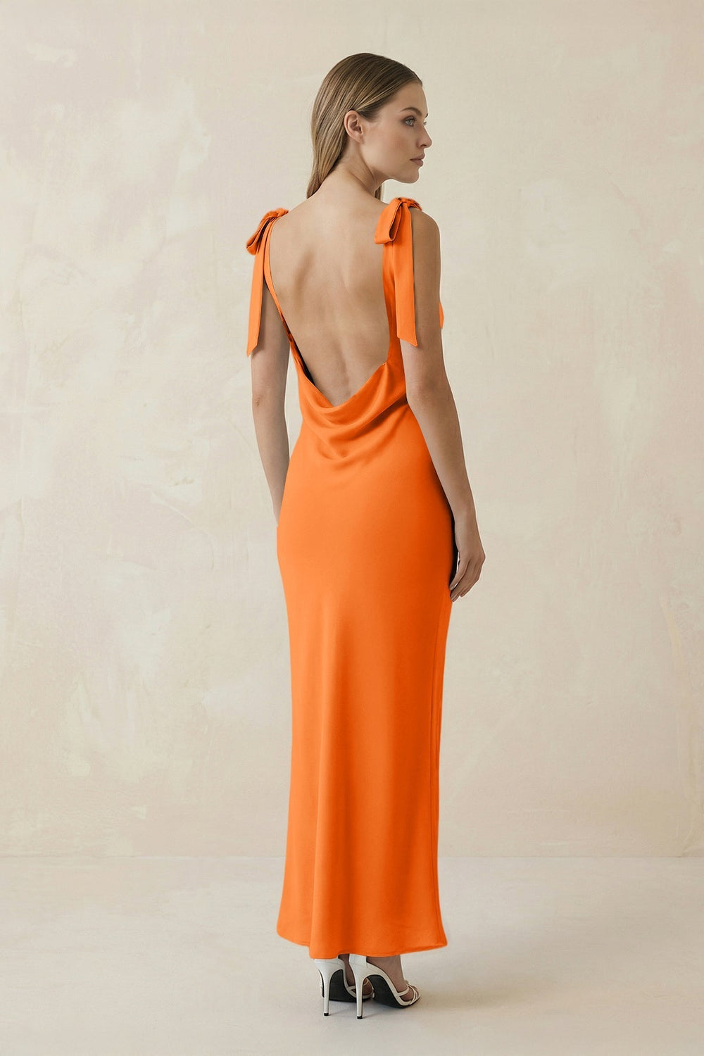 Bateau Neck Sheath Satin Midi Bridesmaid Dress With Bow in Orange