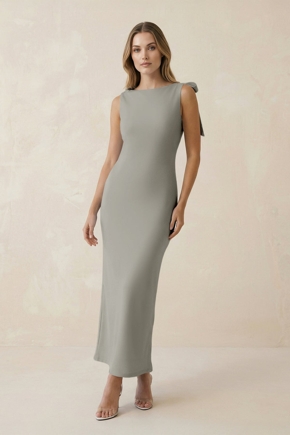 Bateau Neck Sheath Satin Midi Bridesmaid Dress With Bow in Silver