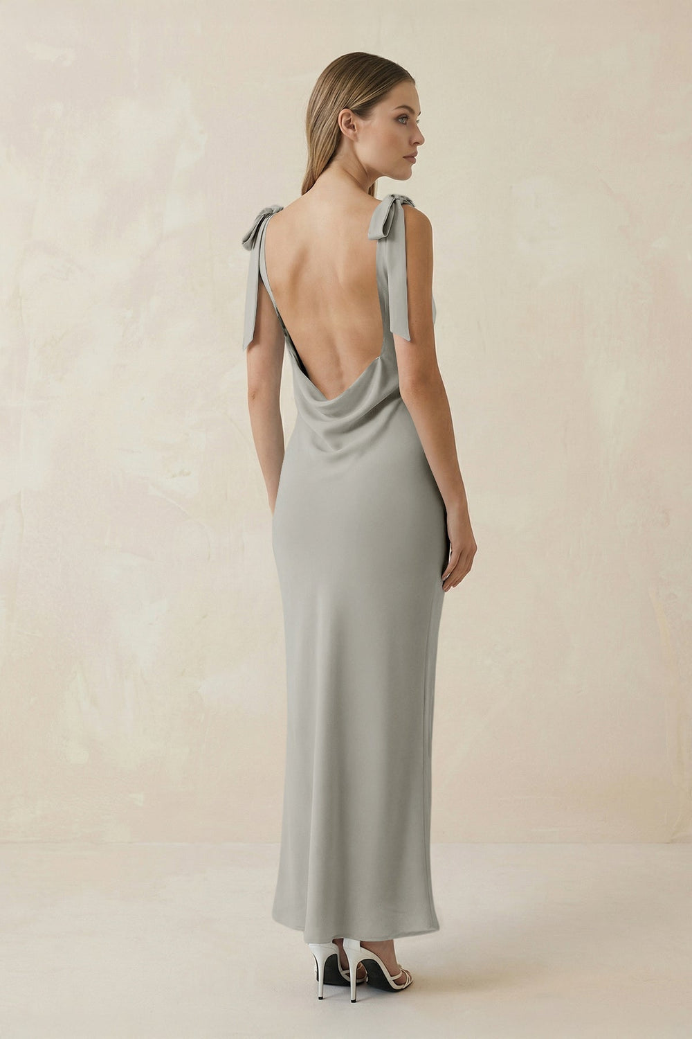Bateau Neck Sheath Satin Midi Bridesmaid Dress With Bow in Silver