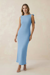 Bateau Neck Sheath Satin Midi Bridesmaid Dress With Bow in Sky Blue - KISS BRIDAL Bridesmaid Dresses