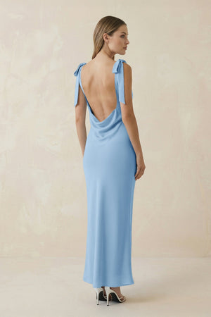 Bateau Neck Sheath Satin Midi Bridesmaid Dress With Bow in Sky Blue - KISS BRIDAL Bridesmaid Dresses