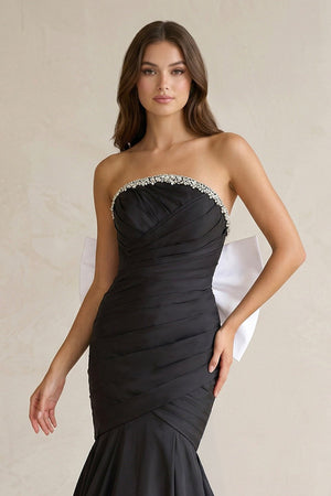 Beaded Mermaid Ruched Wedding Dress With Back Bow in Black and White - KISS BRIDAL Wedding Dresses