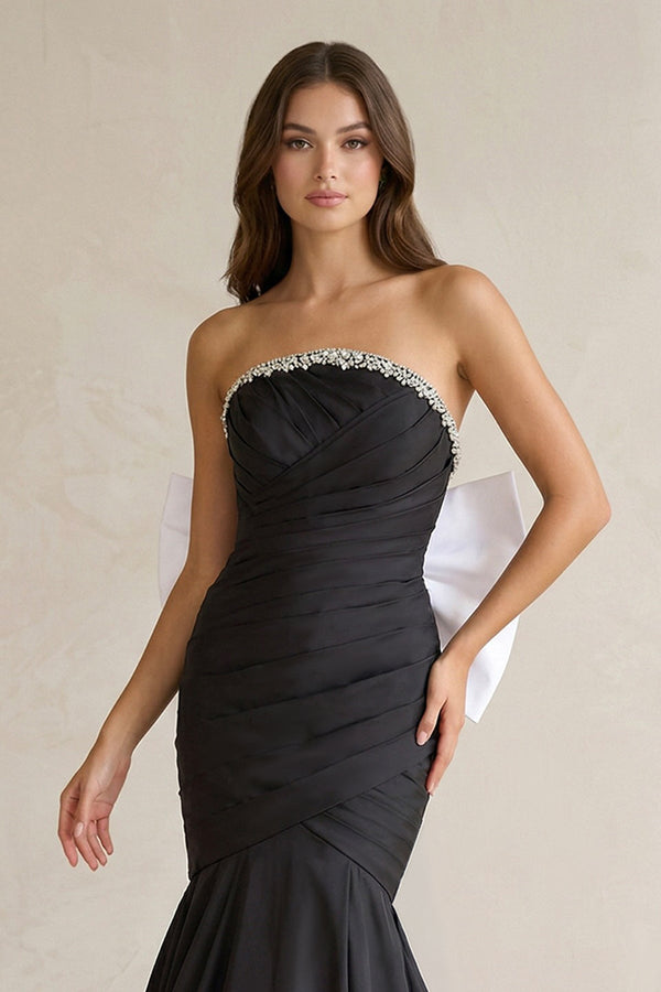 Beaded Mermaid Ruched Wedding Dress With Back Bow in Black and White - KISS BRIDAL Wedding Dresses