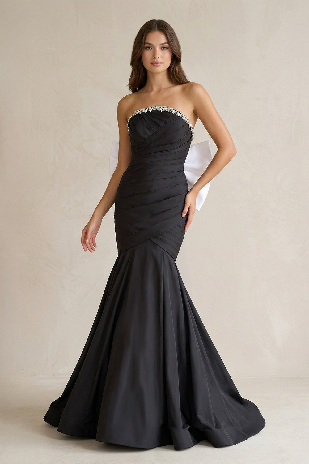 Beaded Mermaid Ruched Maxi Dress With Back Bow in Black and White