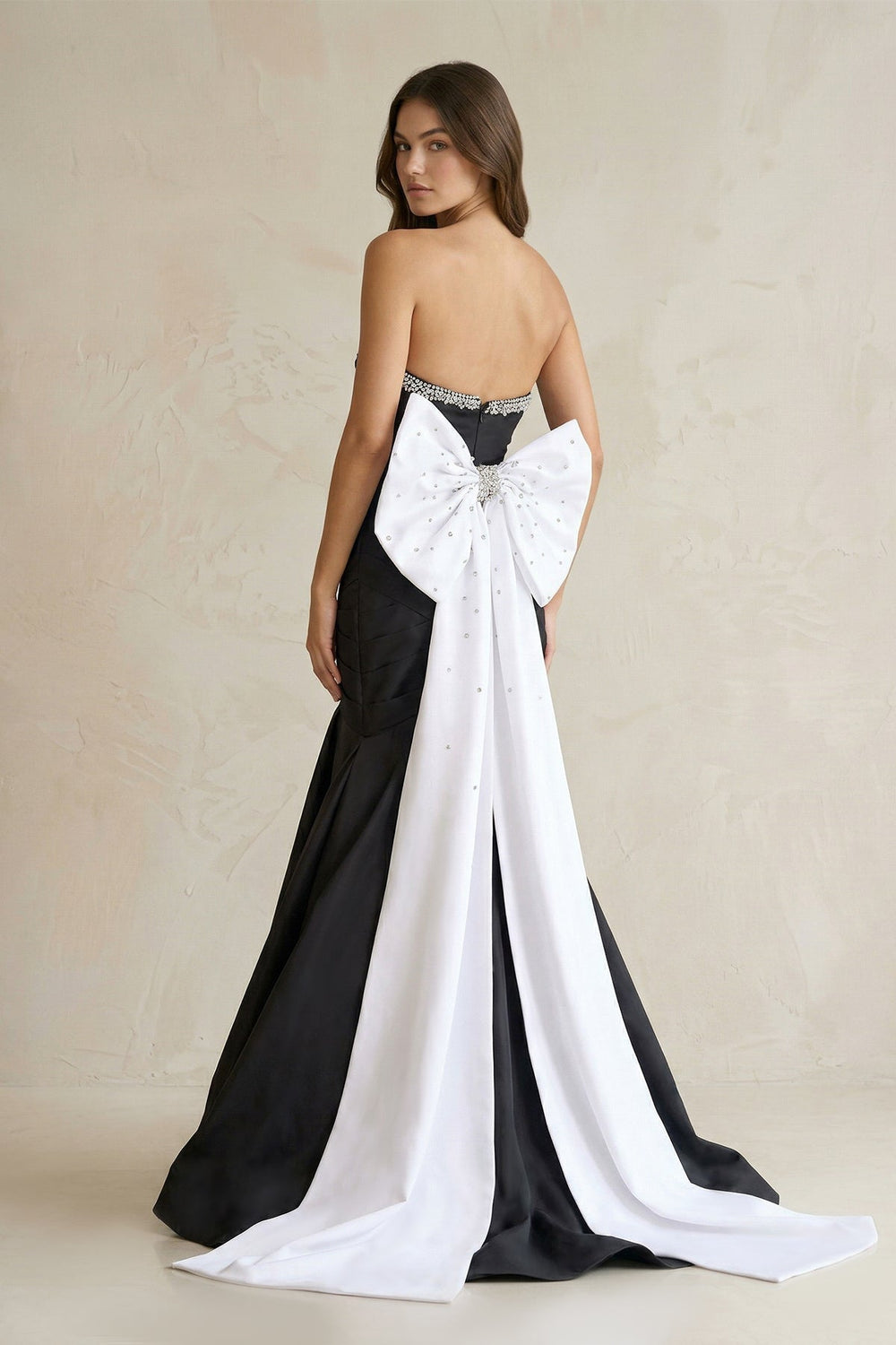 Beaded Mermaid Ruched Maxi Dress With Back Bow in Black and White
