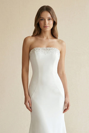 Beaded Satin Strapless Mermaid Wedding Dress in White - KISS BRIDAL Wedding Dresses