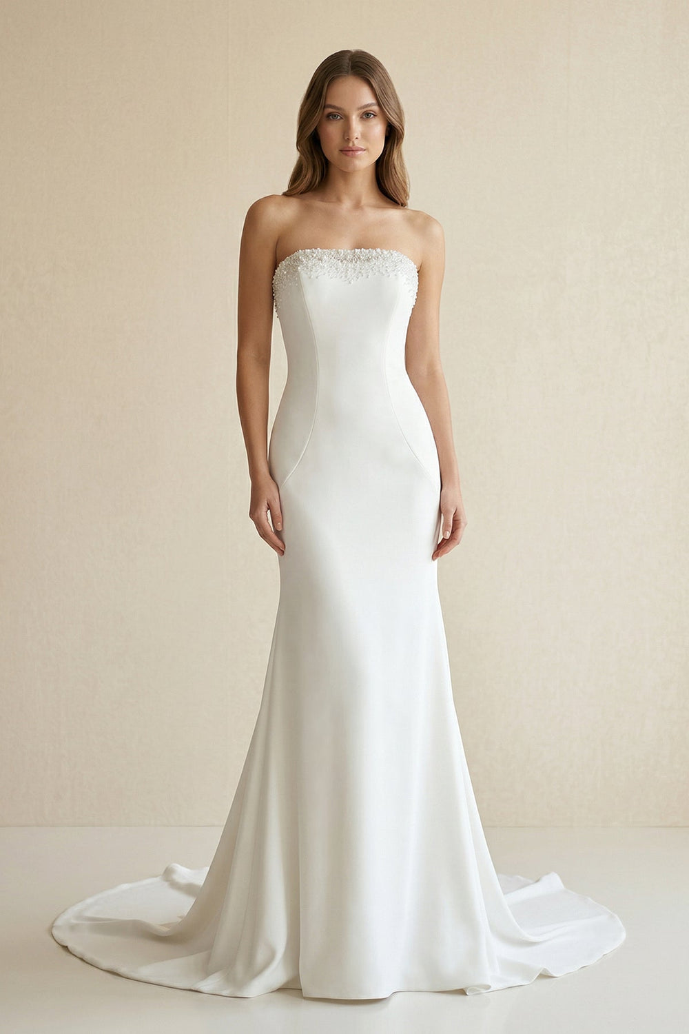 Beaded Satin Strapless Mermaid Wedding Dress in White