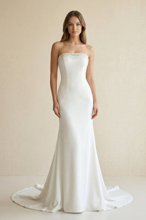 Beaded Satin Strapless Mermaid Wedding Dress in White - KISS BRIDAL Wedding Dresses
