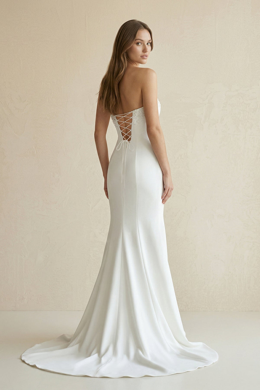 Beaded Satin Strapless Mermaid Wedding Dress in White