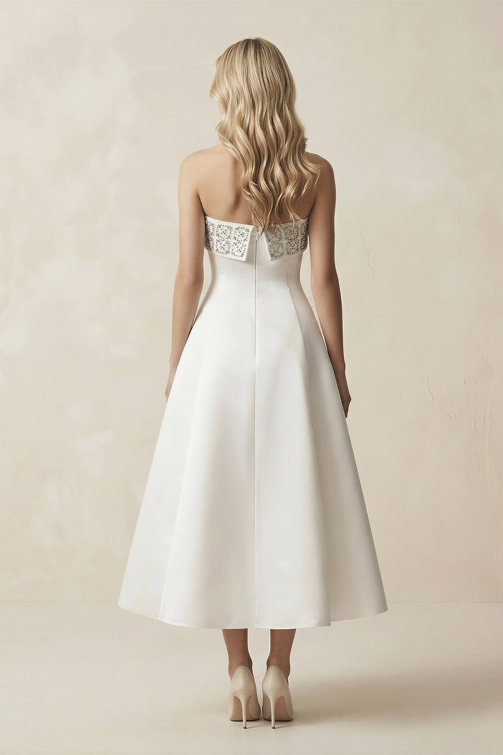Beaded Strapless A-Line Midi Wedding Dress in White