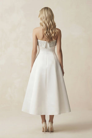 Beaded Strapless A - Line Midi Wedding Dress in White - KISS BRIDAL Wedding Dresses