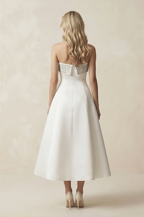 Beaded Strapless A - Line Midi Wedding Dress in White - KISS BRIDAL Wedding Dresses