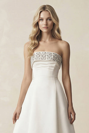 Beaded Strapless A - Line Midi Wedding Dress in White - KISS BRIDAL Wedding Dresses