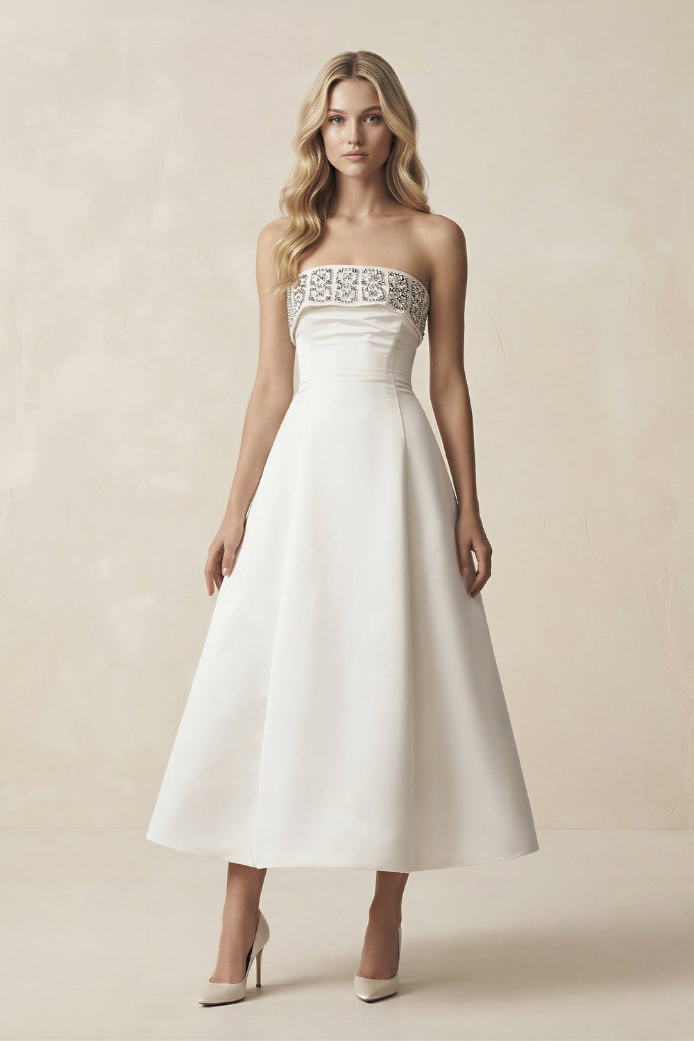 Beaded Strapless A-Line Midi Wedding Dress in White