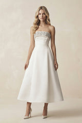 Beaded Strapless A - Line Midi Wedding Dress in White - KISS BRIDAL Wedding Dresses