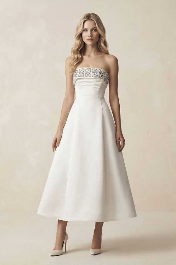 Beaded Strapless A - Line Midi Wedding Dress in White - KISS BRIDAL Wedding Dresses