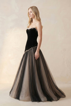 Beaded Strapless A - Line Tulle Wedding Dress in Black - KISS BRIDAL evening dresses